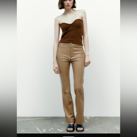 NEW ZARA Light Brown Faux Leather High Rise Slim Fit Flare Leg Pants w/ Slit - Picture 10 of 16